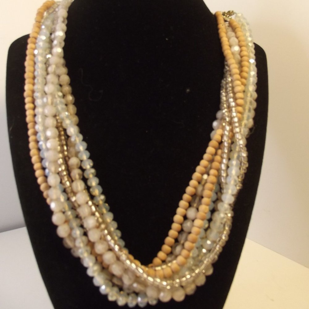 Multi Strand Short Choker Style Necklace Moonstone & Wood Tones